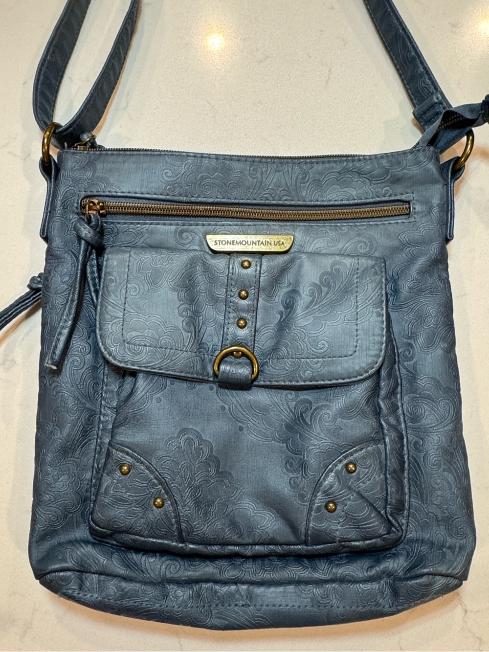 Stone Mountain Accessories Navy Blue Floral Embossed Crossbody Bag